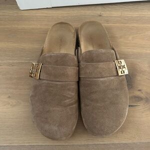 Tory Burch Tan Suede Mules with Gold Accent